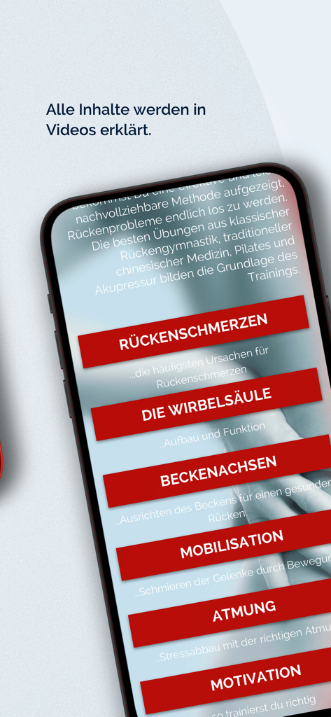 Ein Smartphone zeigt ein Menü mit Videokategorien für Rückenschmerzlinderung, Rückengesundheit und Atemübungen