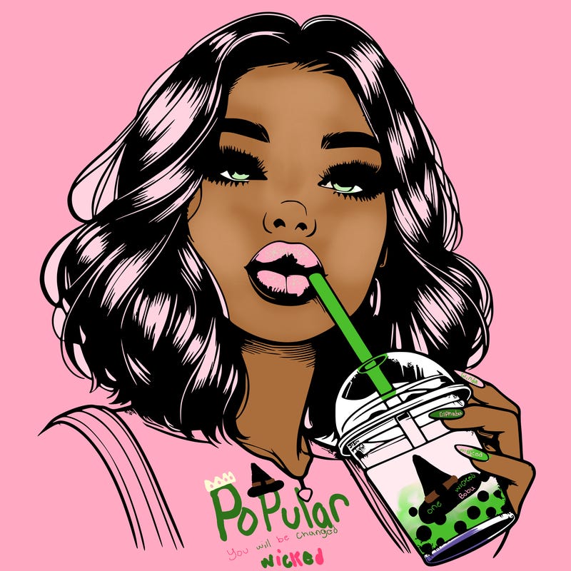 realistic girl with glossy lips holding boba