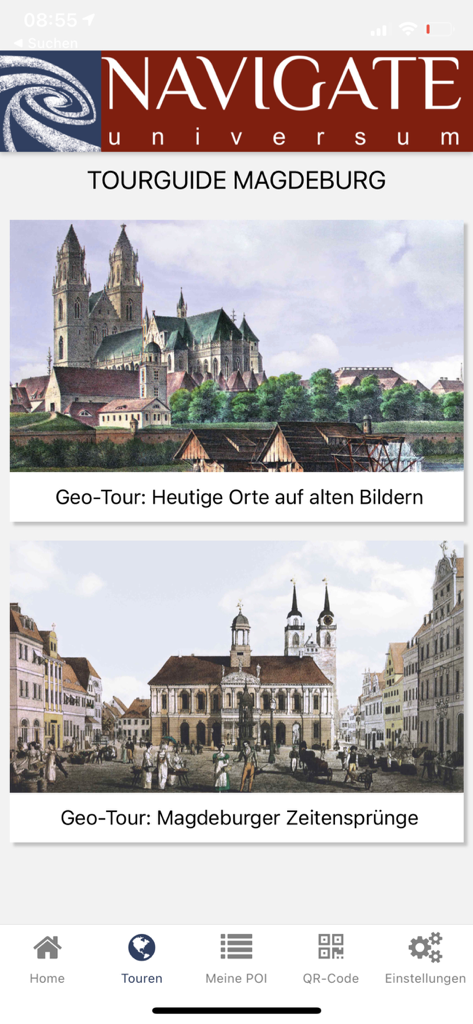 Tourguide Magdeburg - Menu principale dell'app Tourguide Magdeburg che mostra i moduli di tour storici con vecchie illustrazioni della città
