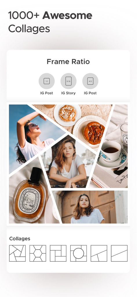 Oberfläche des ästhetischen Collage-Makers, die verschiedene Layouts und Rahmenverhältnisse für Instagram-Posts und -Stories zeigt