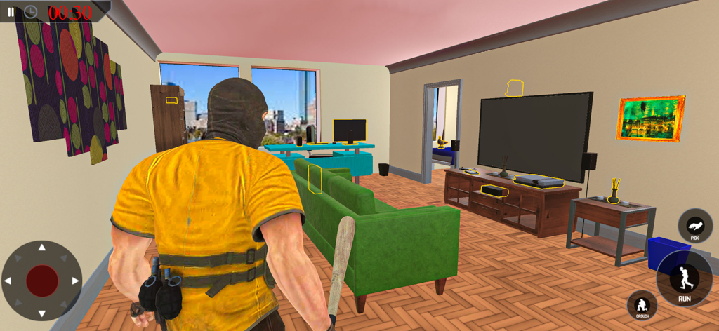 Thief  Sneak Robbery Simulator - 盗むためのオブジェクトがハイライトされたリビングルームにバットを持った覆面泥棒キャラクター