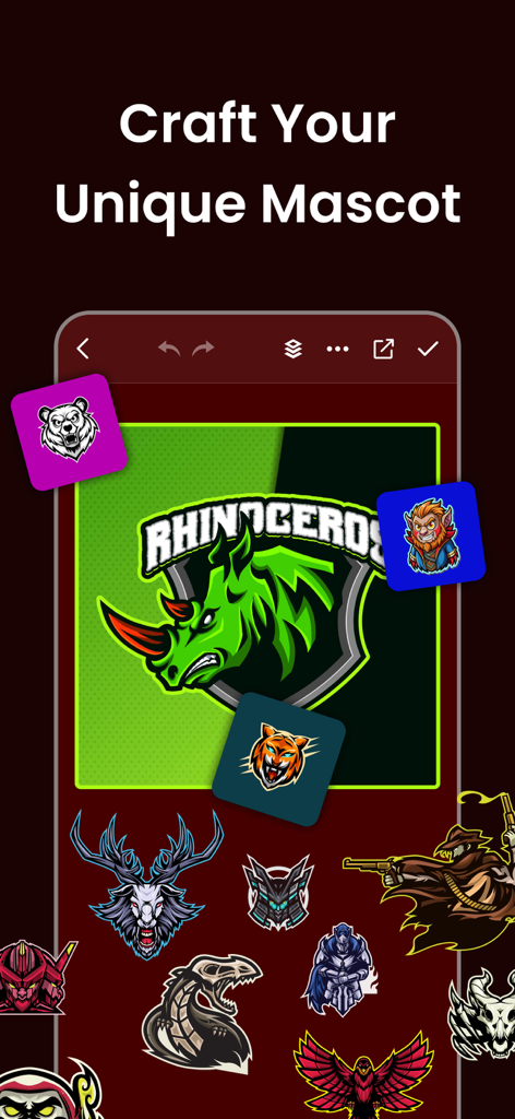 Interfaz de usuario para crear logos mascots únicos para equipos de esports y gaming.