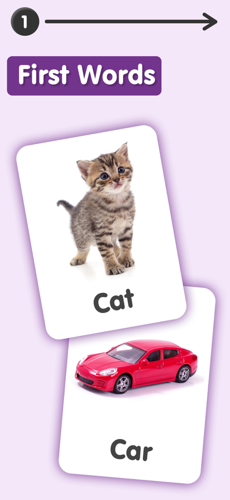 Educational flash cards for kids showing a kitten labeled Cat and a red toy car labeled Car under the First Words category.