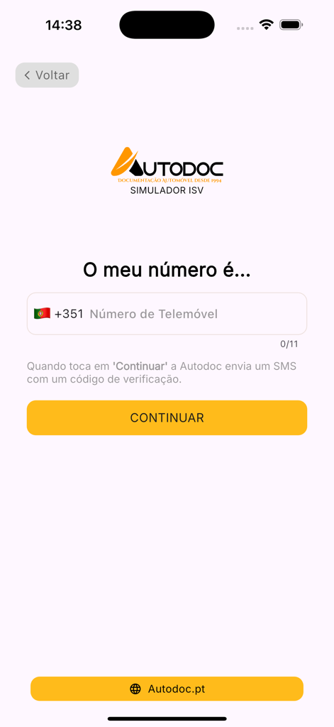 AutoDoc - Pantalla de inicio de sesión de la aplicación AutoDoc que muestra un campo de entrada de número de teléfono para el simulador de impuestos de vehículos portugueses.