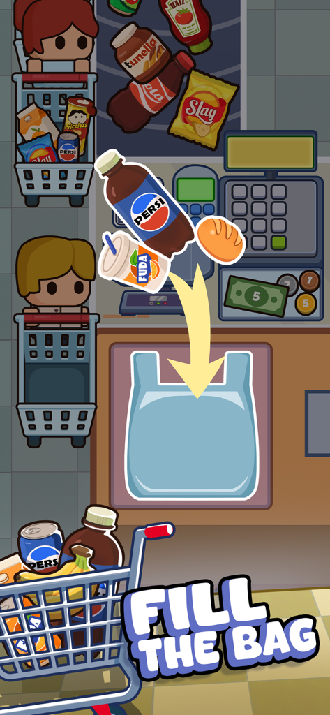 Filling a shopping bag with groceries in the Cashier Star simulation game.