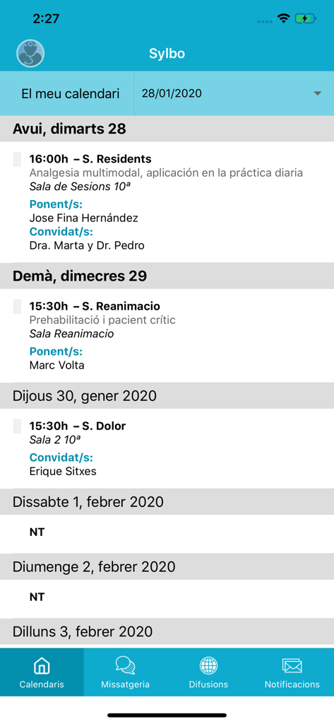 Aplicación Sylbo mostrando un calendario personal con detalles de turnos médicos y reuniones