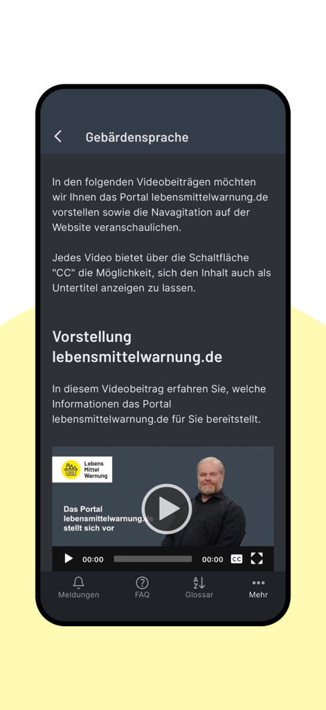The lebensmittelwarnung.de app accessibility screen with a sign language video.