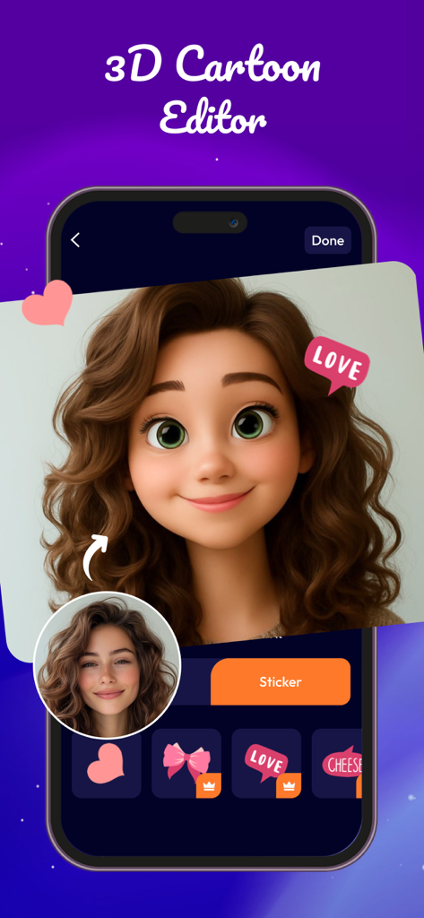 AI Anime Photo Effect - 女性のポートレートがかわいいステッカーや吹き出しで3Dカートゥーンキャラクターに変換された様子を示すAIアニメアプリのスクリーンショット。