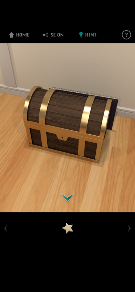 E.X.I.T - Escape Game - - A realistic 3D wooden treasure chest with gold accents on a wooden floor in an escape room game.