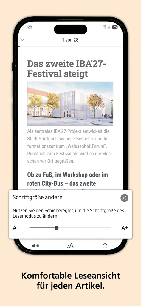 Stuttgarter Amtsblatt - Ein Smartphone zeigt einen Artikel in der Stuttgarter Amtsblatt App mit einem Pop-up-Menü zur Anpassung der Schriftgröße für bessere Lesbarkeit.