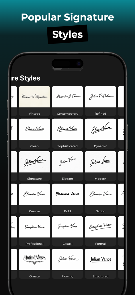 AI Signature Maker - AutoSign - スマートフォンの画面に表示された、プロフェッショナルなAI生成手書き署名スタイルのギャラリー。
