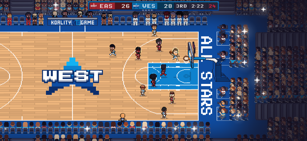Hoop Land - Una escena de juego de baloncesto retro de pixel art de Hoop Land que muestra jugadores en una cancha durante un partido de Estrellas entre los equipos Este y Oeste.