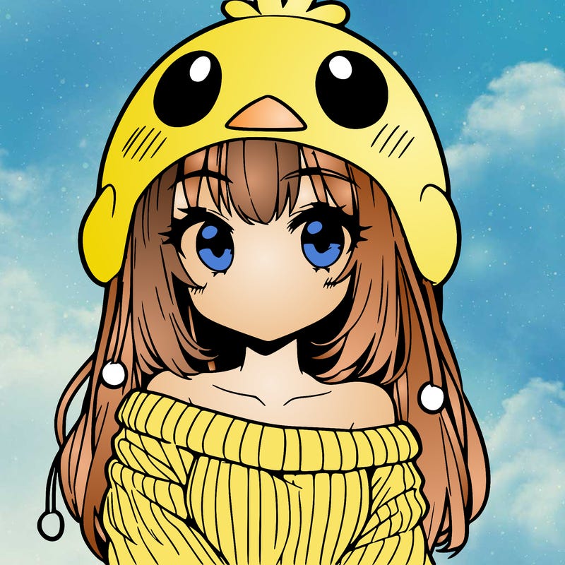 anime girl with chick shaped hat with sweater with bare shoulders with bangs covering them one eye with low tail