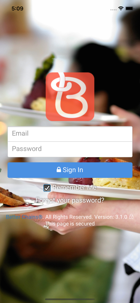 Better Chains Management - Login screen for the Better Chains Management app featuring email and password fields over a blurred restaurant background