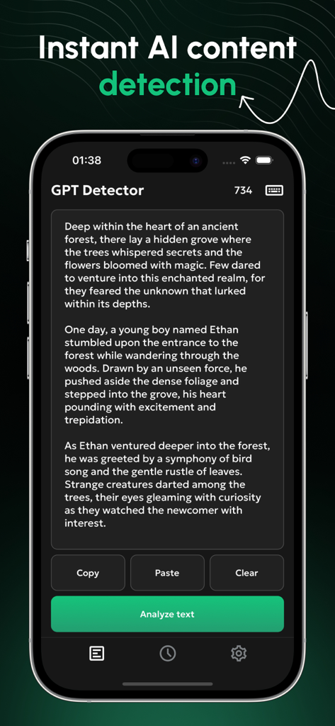 AI Detector - Text Analyzer - Écran de l'application AI Detector pour scanner et analyser du texte afin de détecter le contenu IA