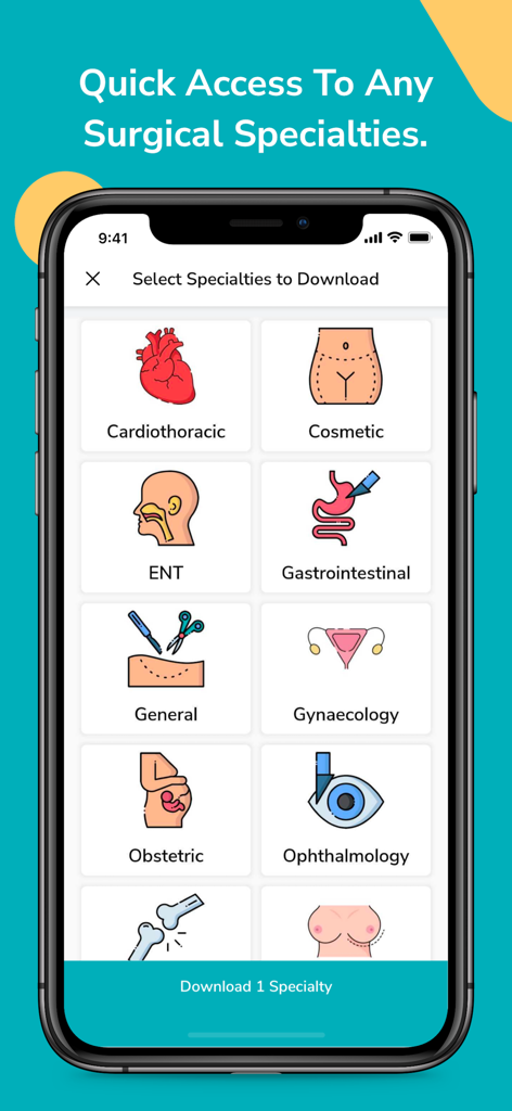 ScrubUp Surgical Procedures - Mobile screen showing a variety of surgical specialties to download in the ScrubUp app