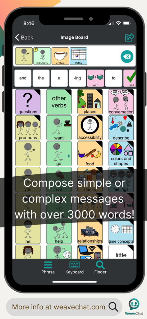 Weave Chat AAC - A smartphone screen showing the Weave Chat AAC app interface with a color-coded communication grid and a composed sentence.