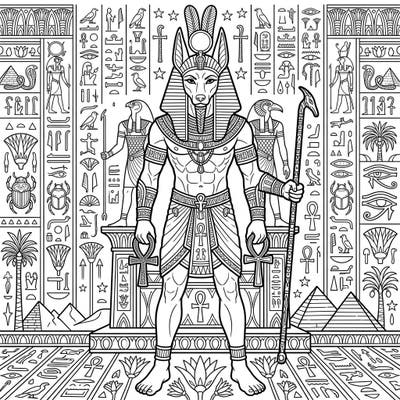Journey back to the time of pharaohs with this captivating coloring template featuring Anubis and other powerful Egyptian deities. Immerse yourself in a world of hieroglyphs and ancient symbols, perfect for a relaxing and educational coloring experience.