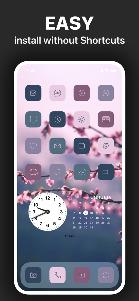 Brass - Icon Themes & Widgets - Tela de início de iPhone estética personalizada com ícones e widgets correspondentes do aplicativo Brass.