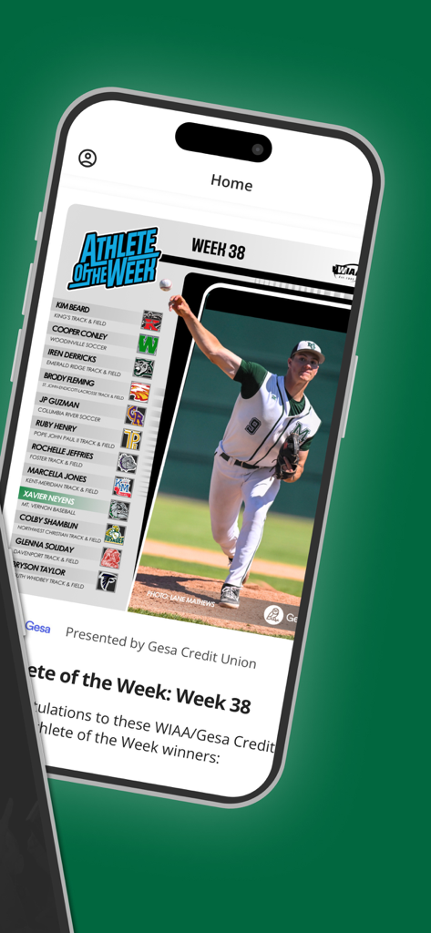 WIAA Live - WIAA Live 모바일 앱 인터페이스는 워싱턴 고등학교 스포츠의 주간 최우수 선수 수상자를 보여줍니다.