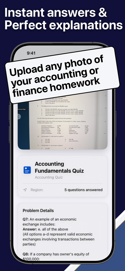 Accounting AI Homework Solver - A mobile app interface showing a photo scan of an accounting quiz with AI generated answers and explanations