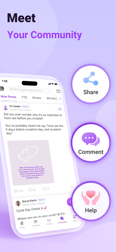 Premom Ovulation Tracker - Premom ovulation tracker app community screen showing expert fertility advice posts and interaction buttons for sharing and commenting