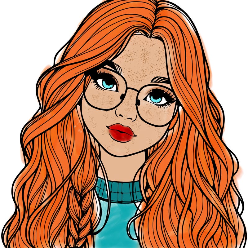 girl with long hair and freckles and glasses realistic