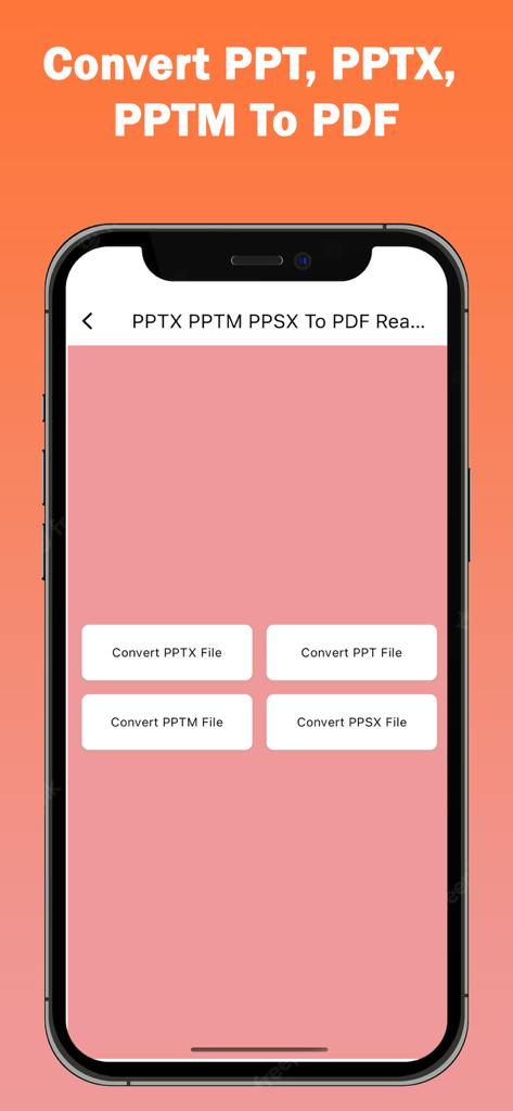Tela de um aplicativo móvel mostrando opções para converter arquivos PPTX, PPT, PPTM e PPSX para PDF.