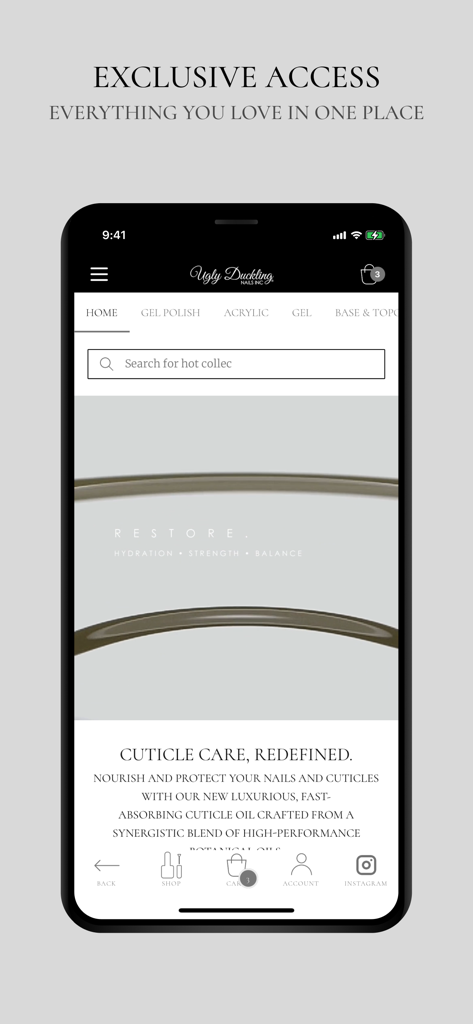 Ugly Duckling Nails Inc. - Home screen of the Ugly Duckling Nails mobile app featuring professional nail care products and shopping navigation.
