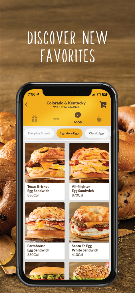 Einstein Bros Bagels - Einstein Bros Bagels mobile app menu showing signature egg sandwiches and calorie counts.