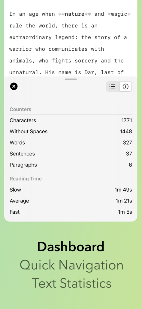 Panel de iWriter 2 que muestra estadísticas de texto, incluyendo recuento de palabras, caracteres y tiempo estimado de lectura.