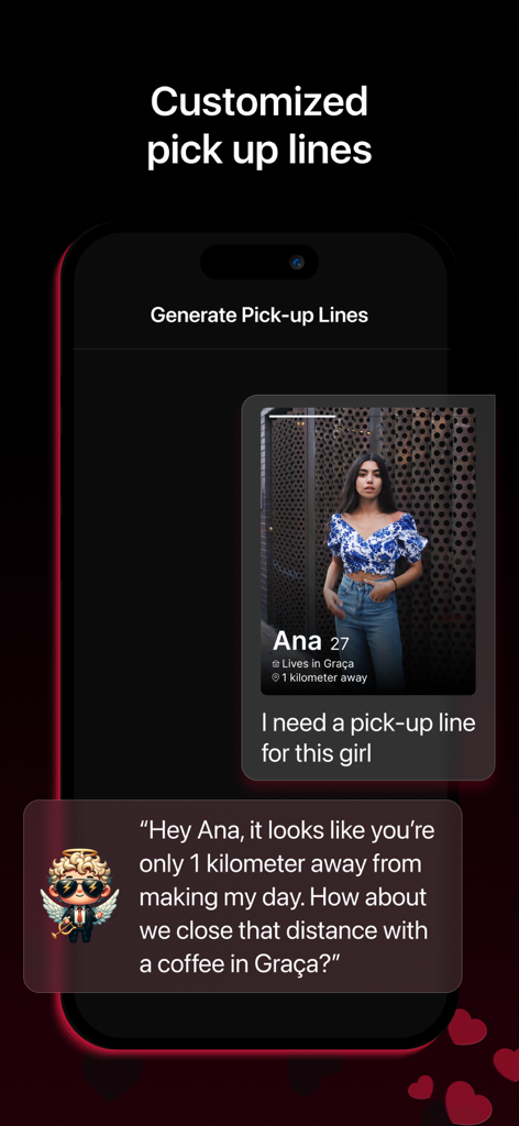 A mobile screen showing the Mr Rizz app generating a customized pickup line based on a dating profile.