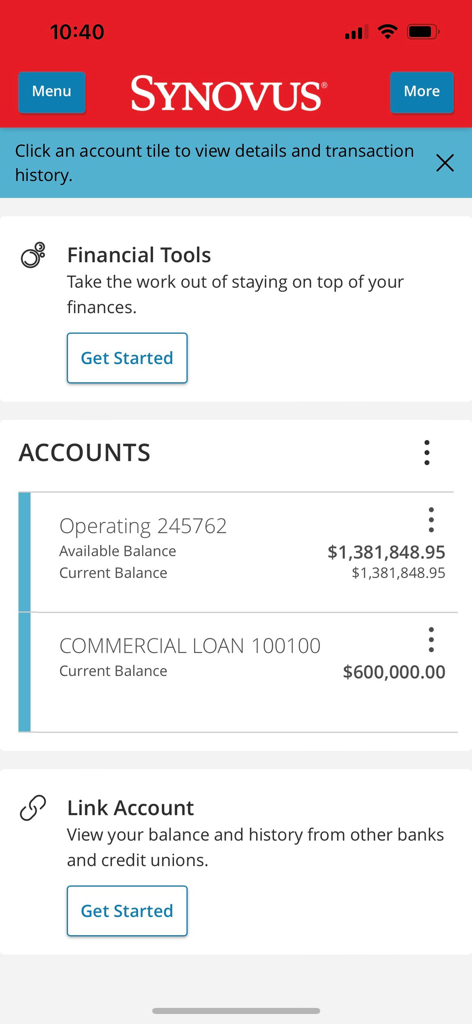 Synovus Gateway Mobile - Synovus Gateway Mobile app dashboard showing business operating account and commercial loan balances