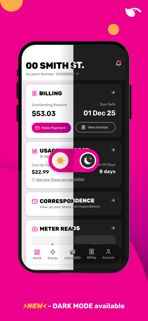 GloBird - Split screen view of the GloBird energy app interface comparing light mode and dark mode options