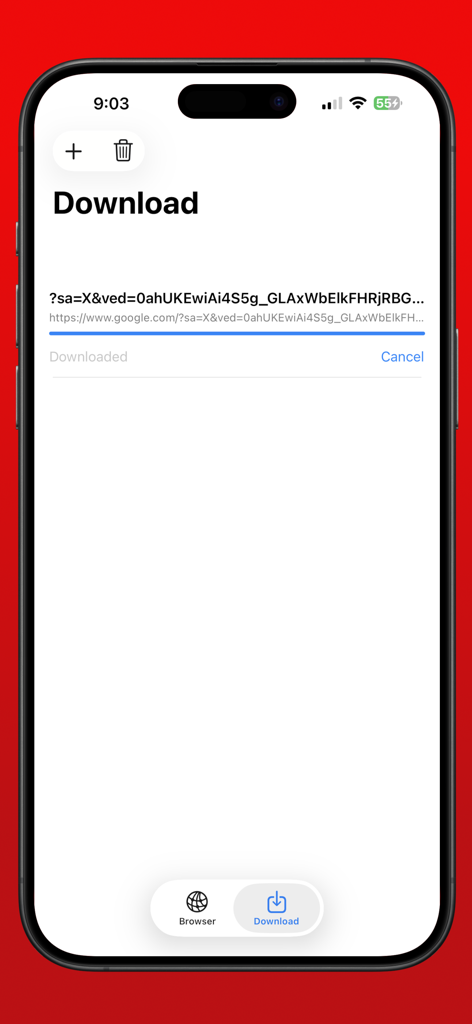 Oberfläche des eBrowser Download-Managers, die einen laufenden Dateidownload auf einem Mobilgerät zeigt.