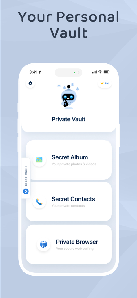 Boost Cleaner app interface showing the Personal Vault feature with options for secret albums secret contacts and a private browser