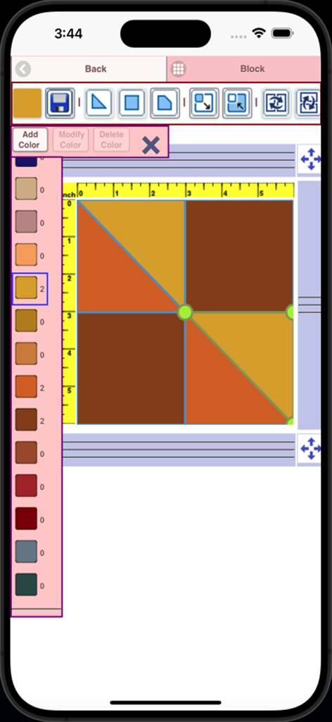 Quilt Pattern Creator - Interface of the Quilt Pattern Creator app showing a custom block being designed with geometric shapes and a color palette sidebar