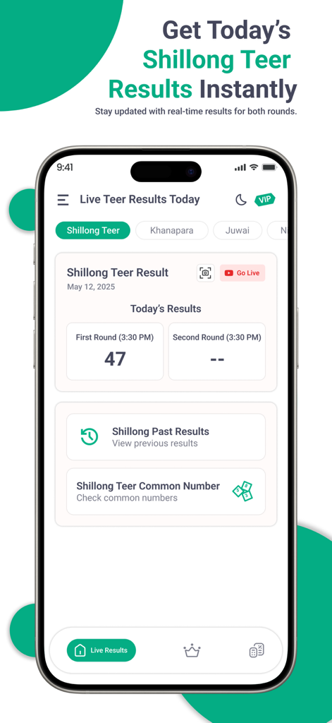 Shillong Teer Results Daily - Shillong Teer Results Daily app interface displaying live first round winning numbers and common numbers