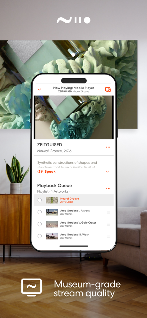 Niio Art mobile app interface showing a playback queue and streaming digital art to a large screen in a luxury living room