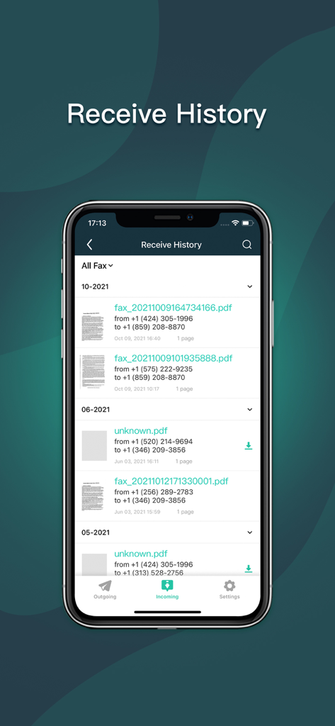 日付別に整理された受信済みFAXのリストを表示するSimple Faxアプリの受信履歴機能を示すモバイル画面。