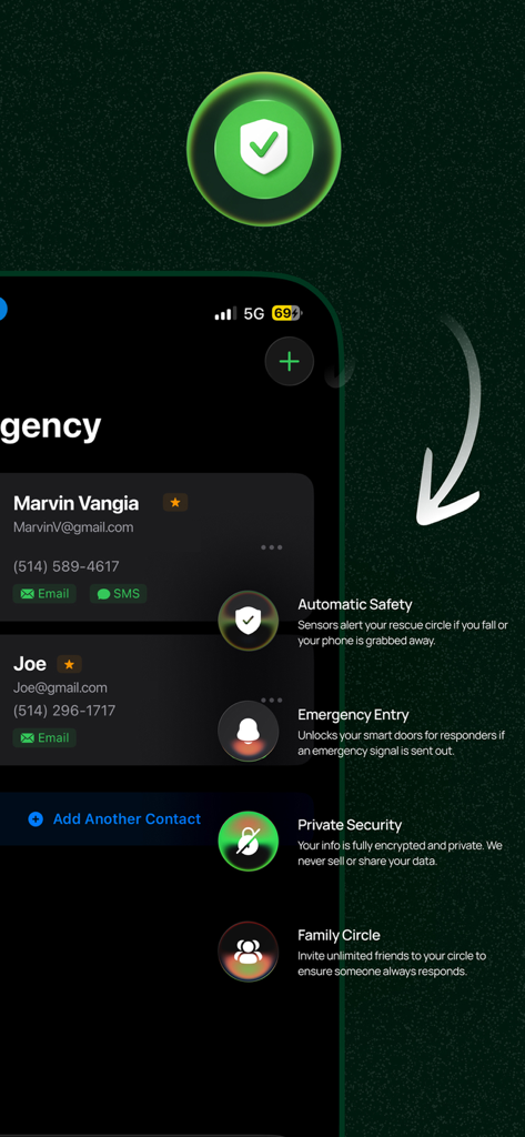 Pulse safety app interface showing emergency contacts list and key security features like automatic safety and private security
