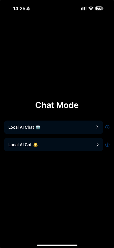 Interface of the Local AI Chat app showing options for standard Chat Mode and the experimental Cat Mode.