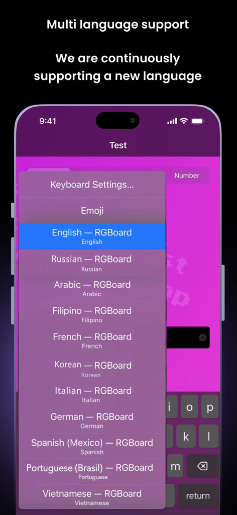 RGBoard: Animated Keyboard - A menu within the RGBoard app showing a list of supported languages for the animated keyboard