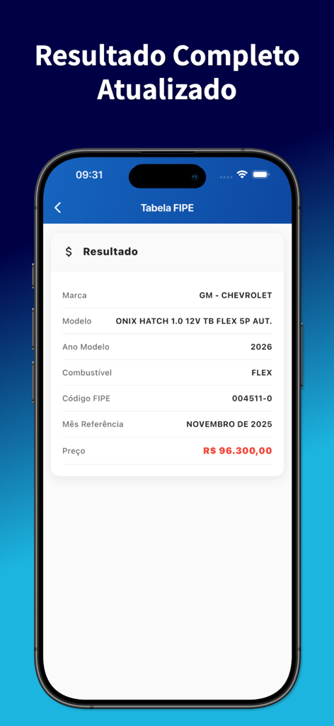 Consulta Placa Veículo e Fipe - Bildschirm einer mobilen App, die FIPE-Tabellenpreisergebnisse für einen Chevrolet Onix einschließlich Marke, Modell und Marktwert in brasilianischen Reais anzeigt