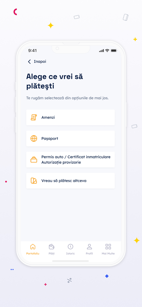 Ghiseul.ro mobile app screen showing payment options for fines, passports, and driver licenses in Romanian