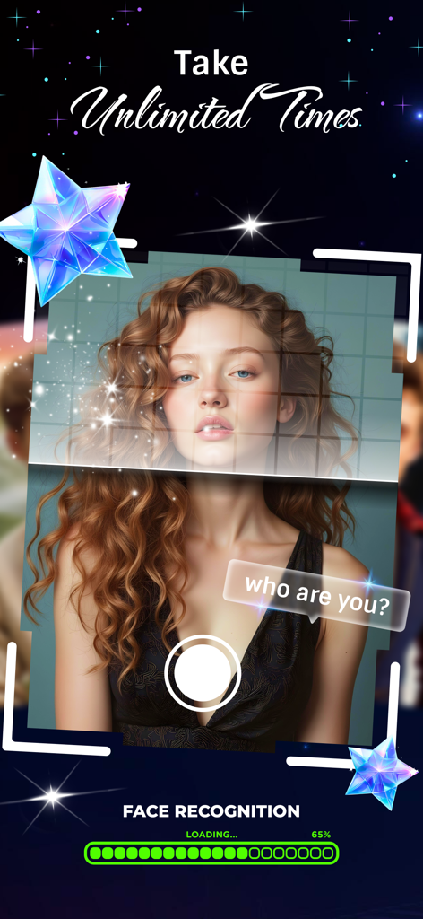 Celebrity Twin - Funny Filter - A woman's face being scanned by a face recognition filter with a loading bar on a starry background.