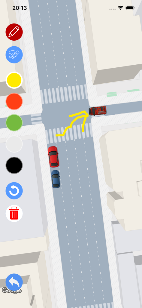 Una lección de conducción visual en un mapa que muestra la trayectoria dibujada de un vehículo en una intersección urbana con herramientas de dibujo digital.