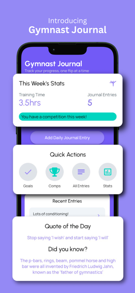 The Vault: Gymnastics - La interfaz de la aplicación The Vault mostrando el panel del diario de gimnasia con estadísticas de entrenamiento, acciones rápidas para objetivos y competencias, y una cita motivacional del día.