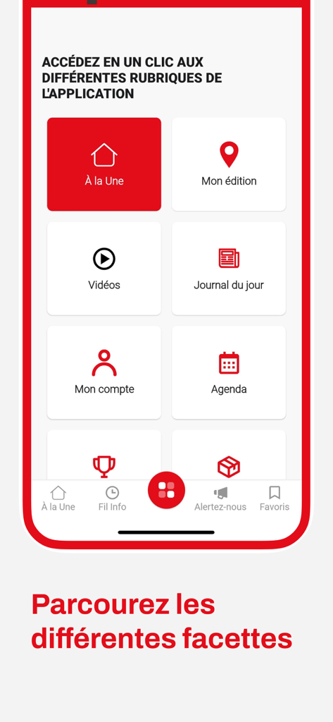 Menu di navigazione principale dell'app mobile L'Aisne Nouvelle che mostra categorie di notizie come giornale quotidiano, video ed edizioni locali