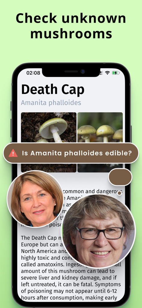 Interface de l'application Plantion montrant l'identification et les avertissements de sécurité pour un champignon mortel, l'Amanite phalloïde